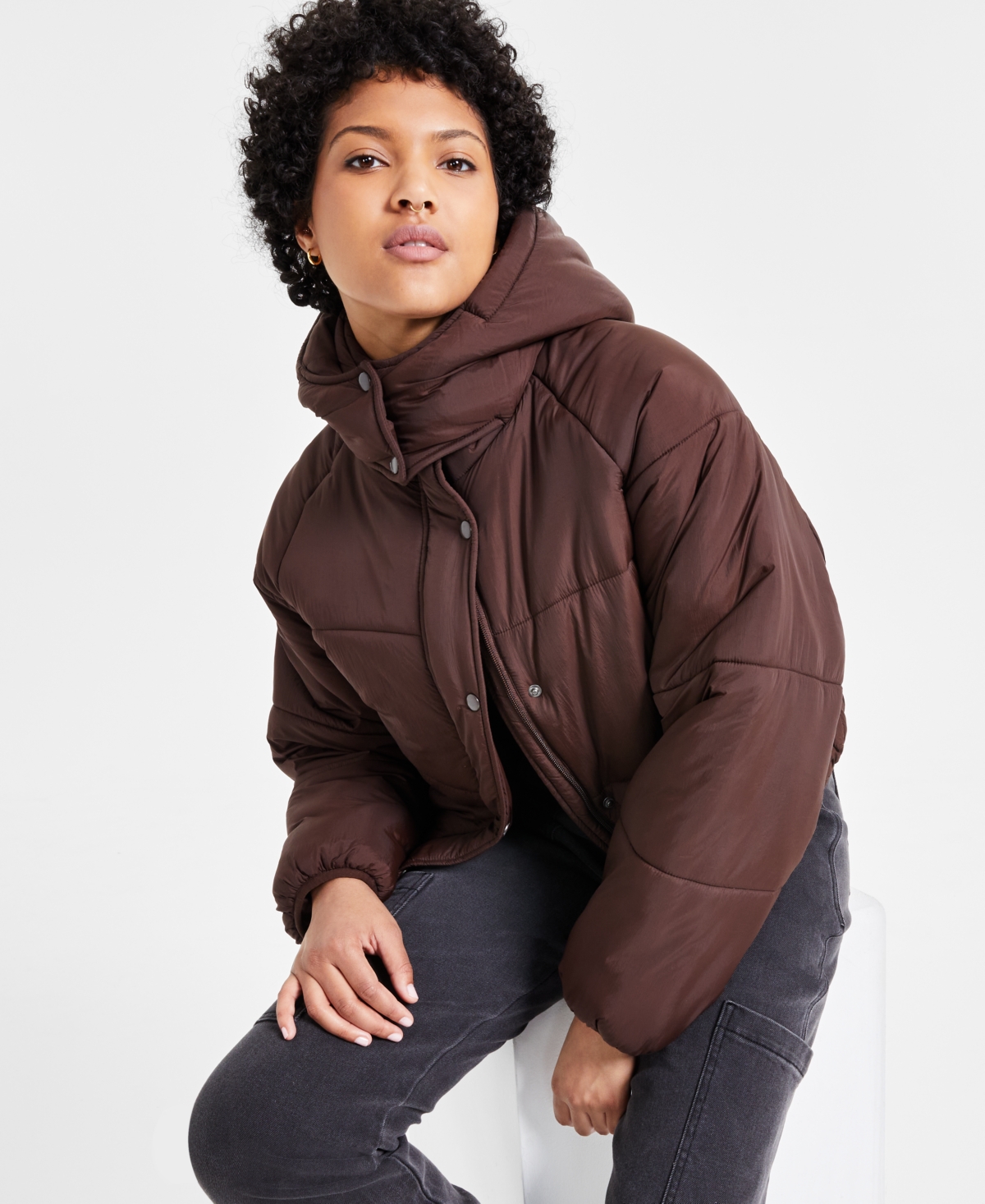 Juniors' Cropped Hooded Puffer Coat - Black