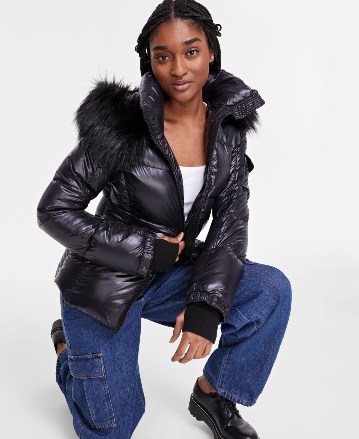 S13 Women's Hooded Allie Faux-Fur-Trim Hooded Puffer Coat -Black