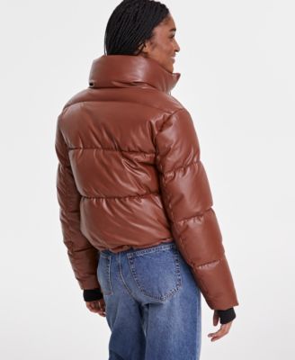 Women's Cropped Zip-Front Faux-Leather Puffer Coat