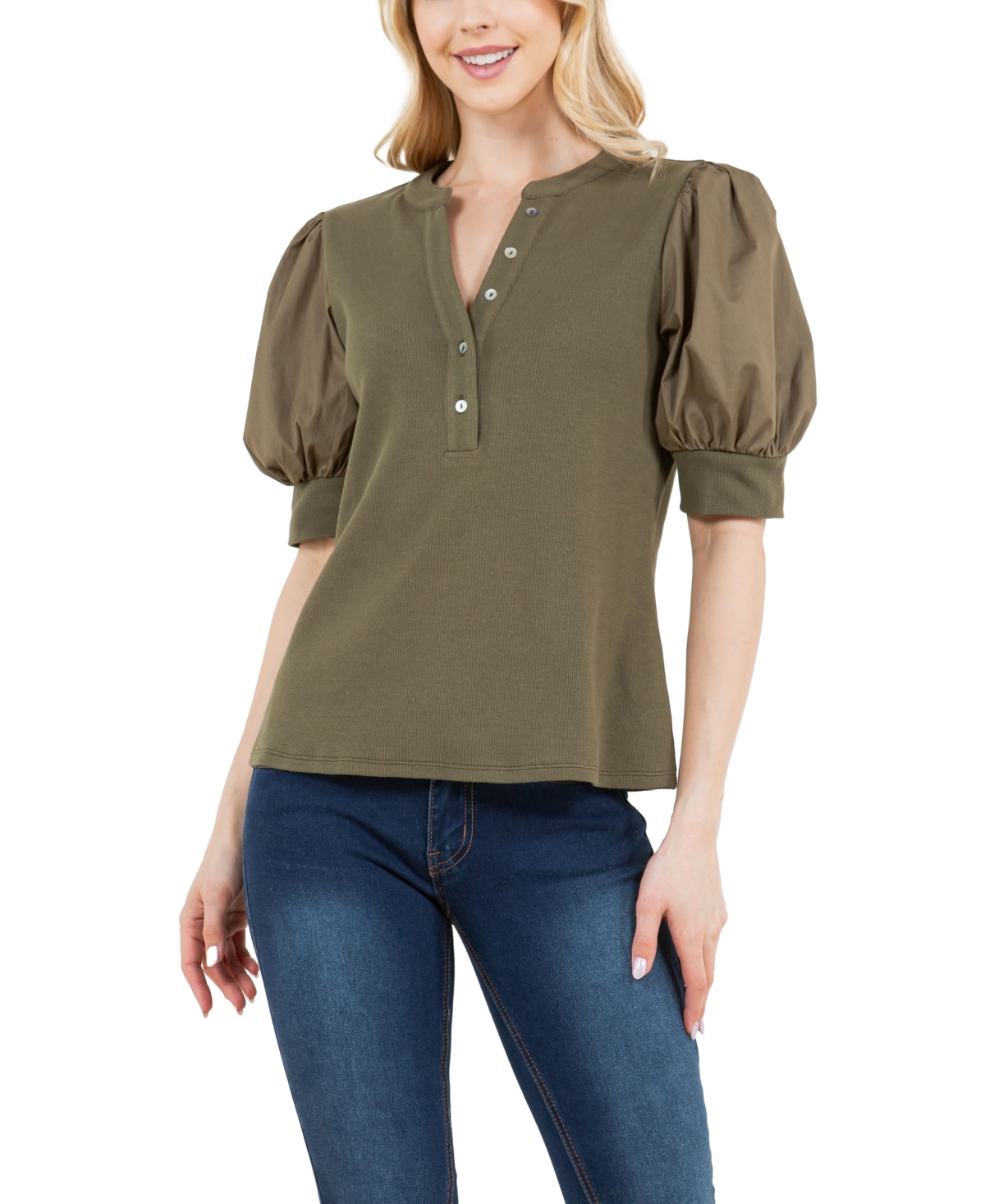 Ribbed Knit Henley With Woven Puff Sleeve - NEW OLIVE