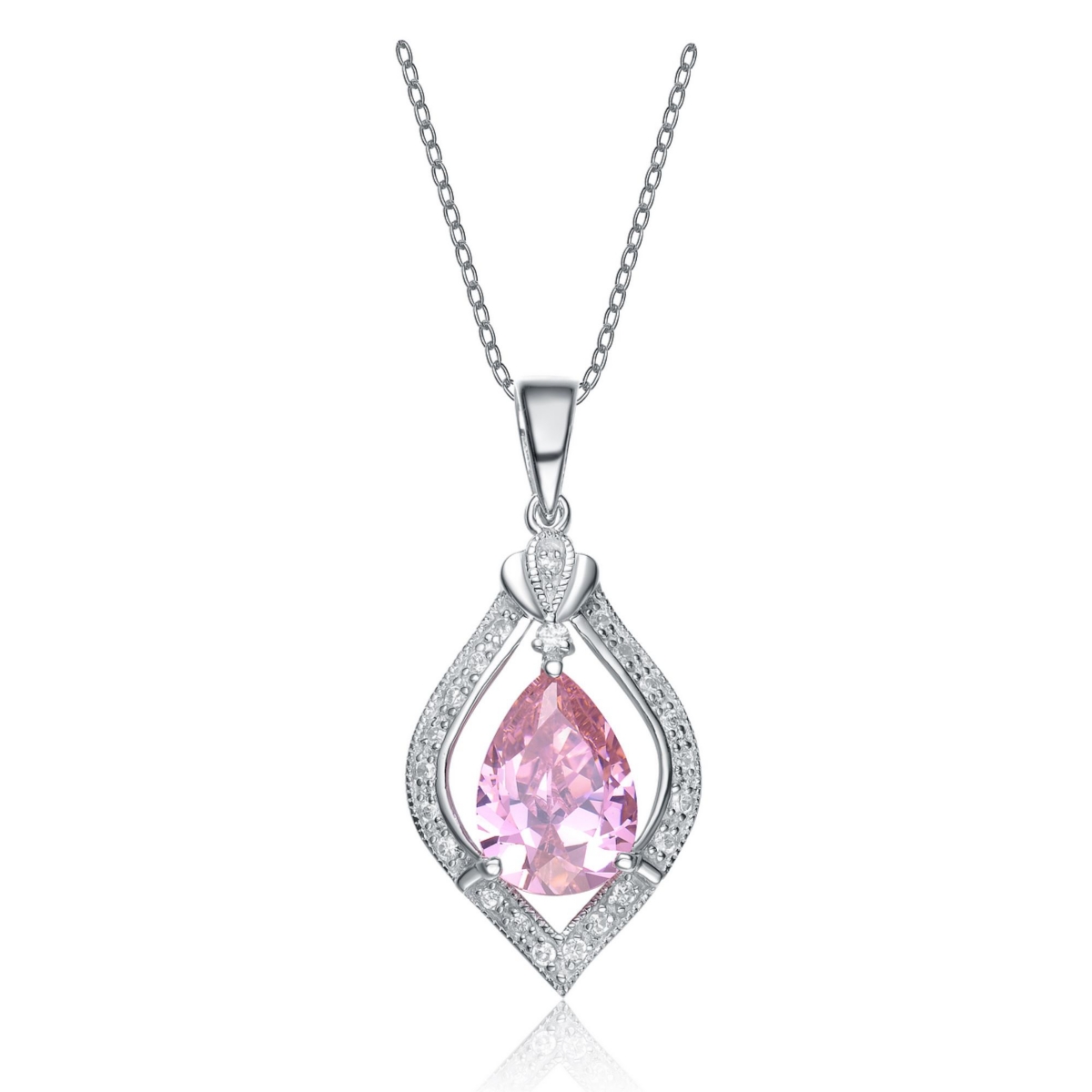 Sterling Silver White Gold Plated with Pink Teardrop and White Cubic Zirconia Pendant - Silver