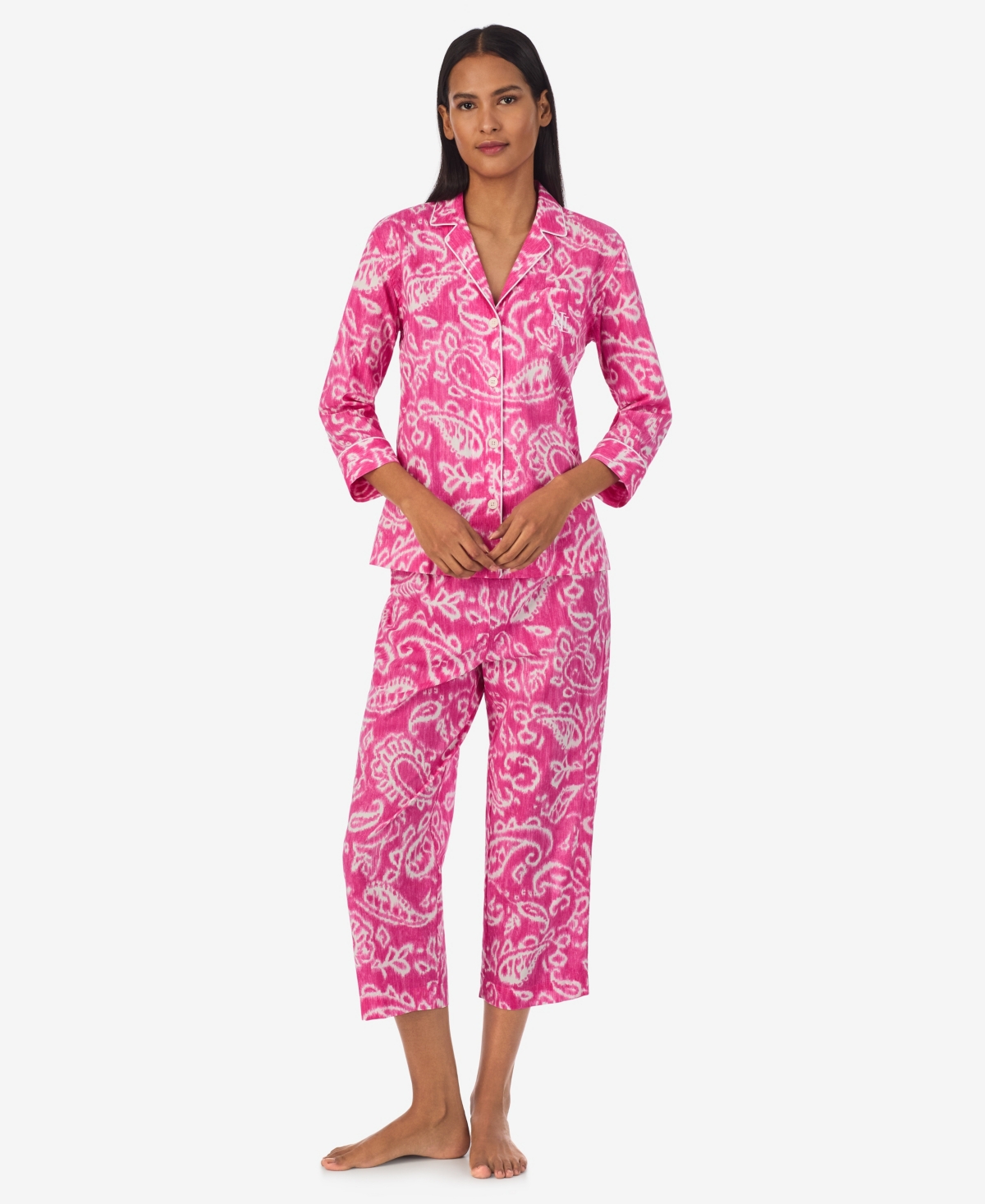 Shop Lauren Ralph Lauren Women's 3/4-sleeve Cropped Pant Pajama Set In Pink Pais