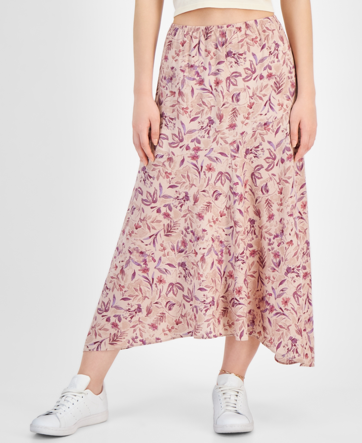 Juniors' Printed Asymmetric Maxi Skirt - Grey Floral