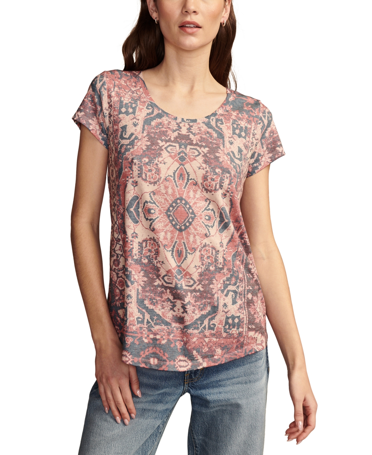 Shop Lucky Brand Women's Printed Crewneck T-shirt In Navy,rose