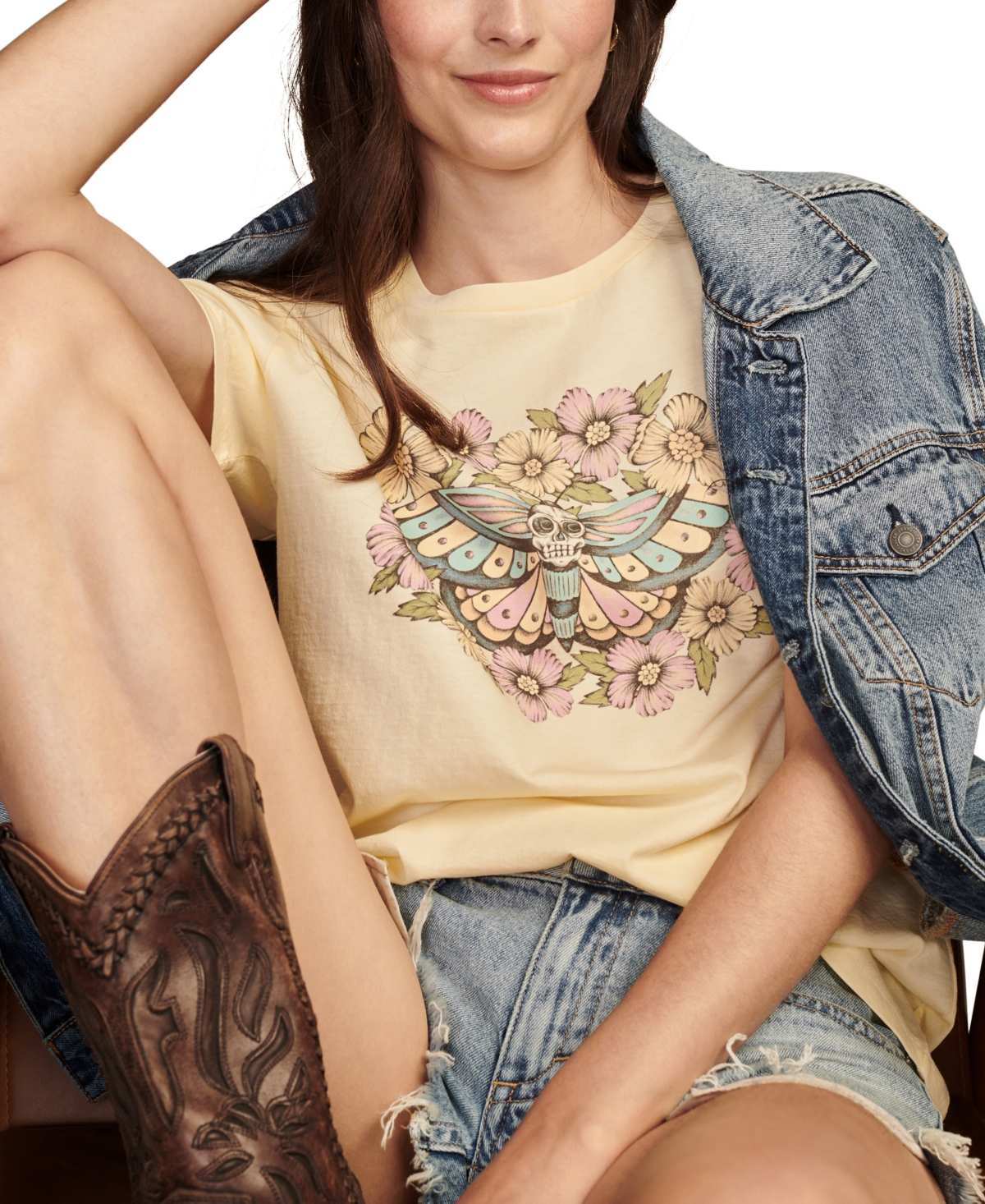 Shop Lucky Brand Women's Floral Skull Butterfly Graphic Boyfriend Tee In Vanilla Custard