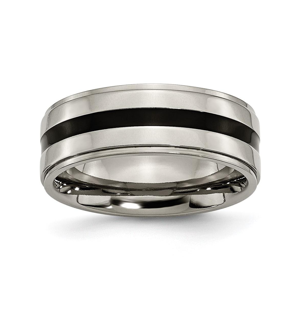 Titanium Polished Black Enamel Ridged Edge Wedding Band Ring - Black