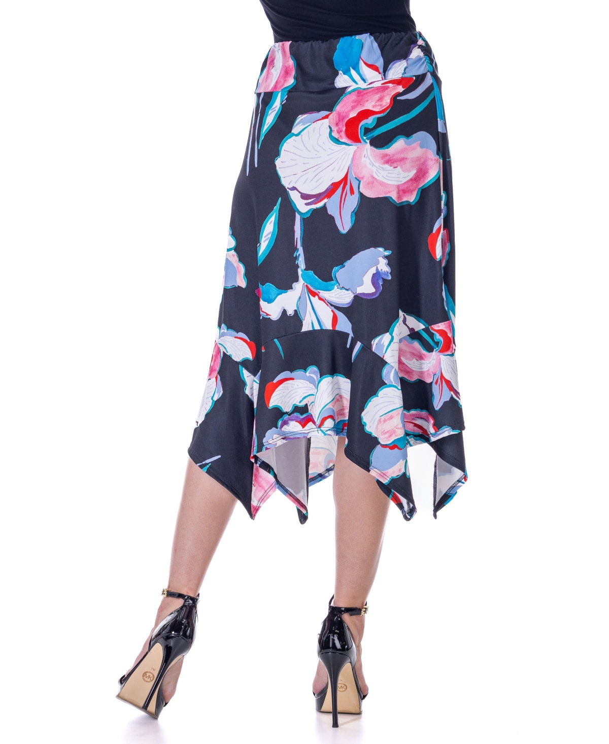 24seven Comfort Apparel Elastic Waist Floral Knee Length Handkerchief Hemline Skirt In Miscellane