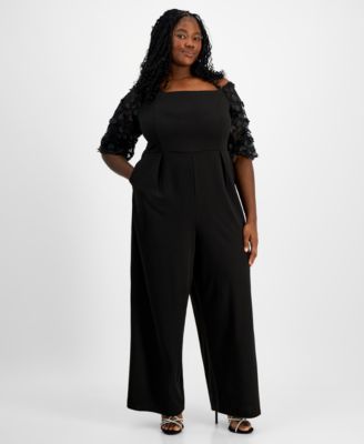 Emerald Sundae - Plus Size 3D Floral-Sleeve Off-The-Shoulder Jumpsuit