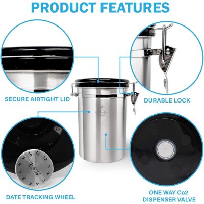 Coffee Storage Canister with Scoop, Date Tracker, Built-In One-Way CO2 Valve & 2 Spare Filter Replacements