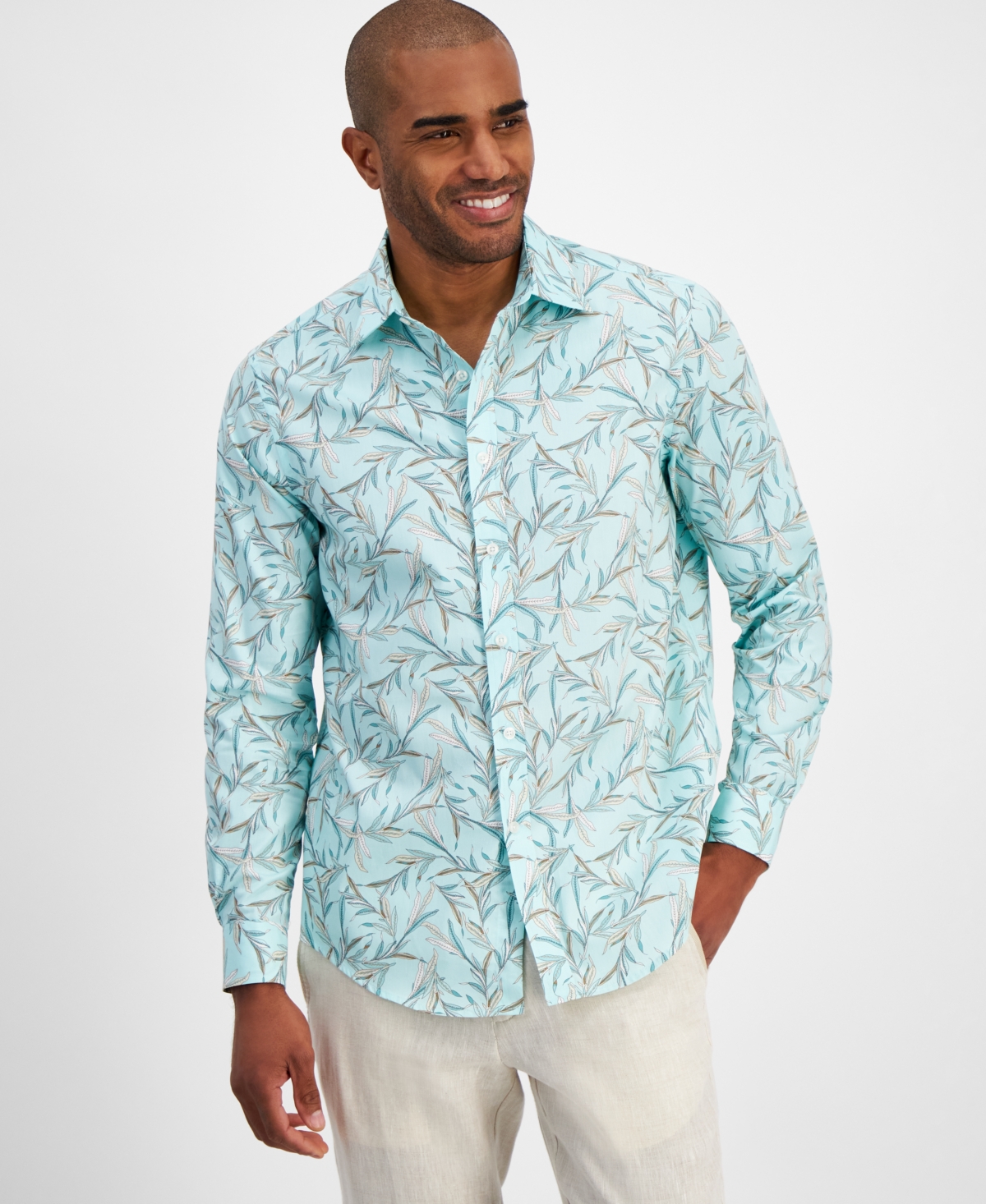 Men's Novo Regular-Fit Stretch Leaf-Print Button-Down Shirt, Created for Macy's - Gentle Lagoon