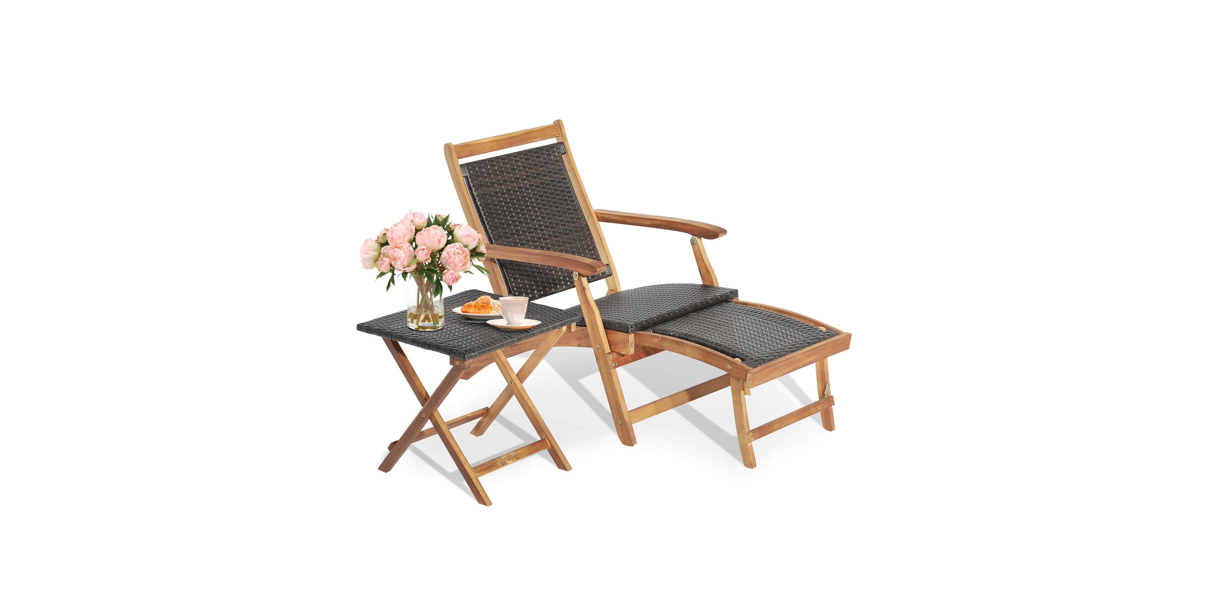 Inolait 2 Pieces Patio Rattan Folding Lounge Chair with Acacia Wood Table