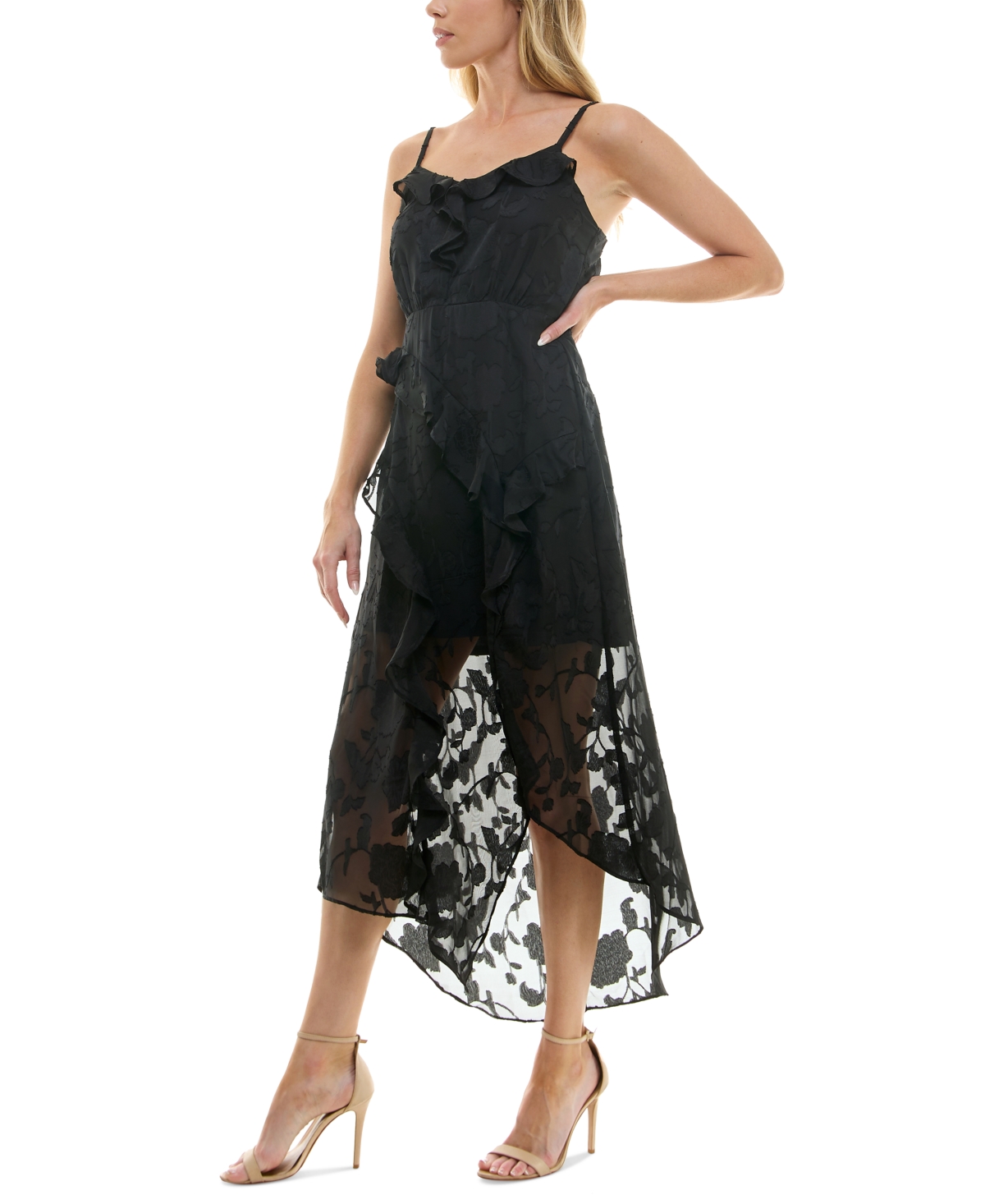 Shop Bcx Juniors' Solid Floral Jacquard Long Fit & Flare Dress In Black