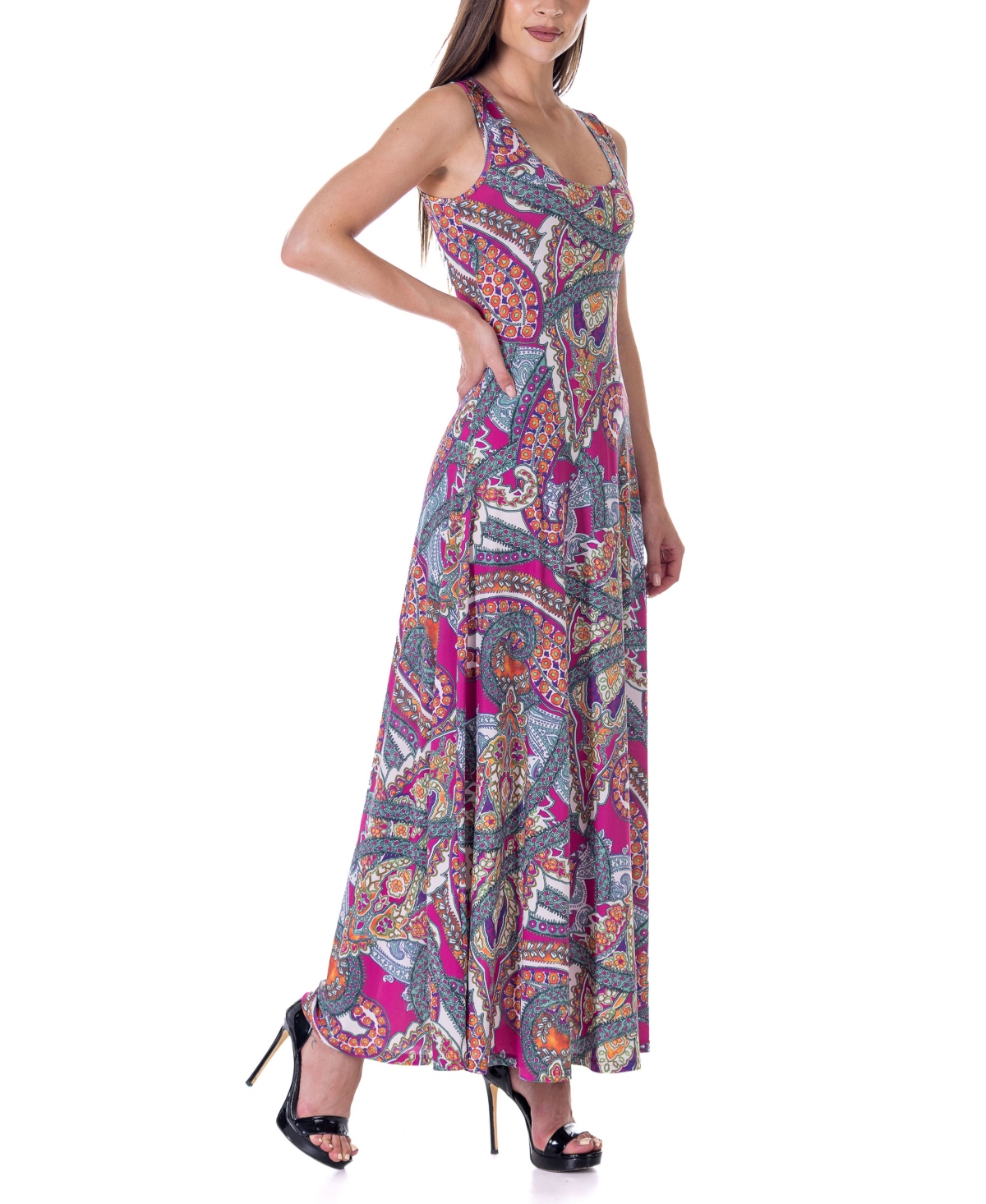Shop 24seven Comfort Apparel Print Scoop Neck A Line Sleeveless Maxi Dress In Miscellane