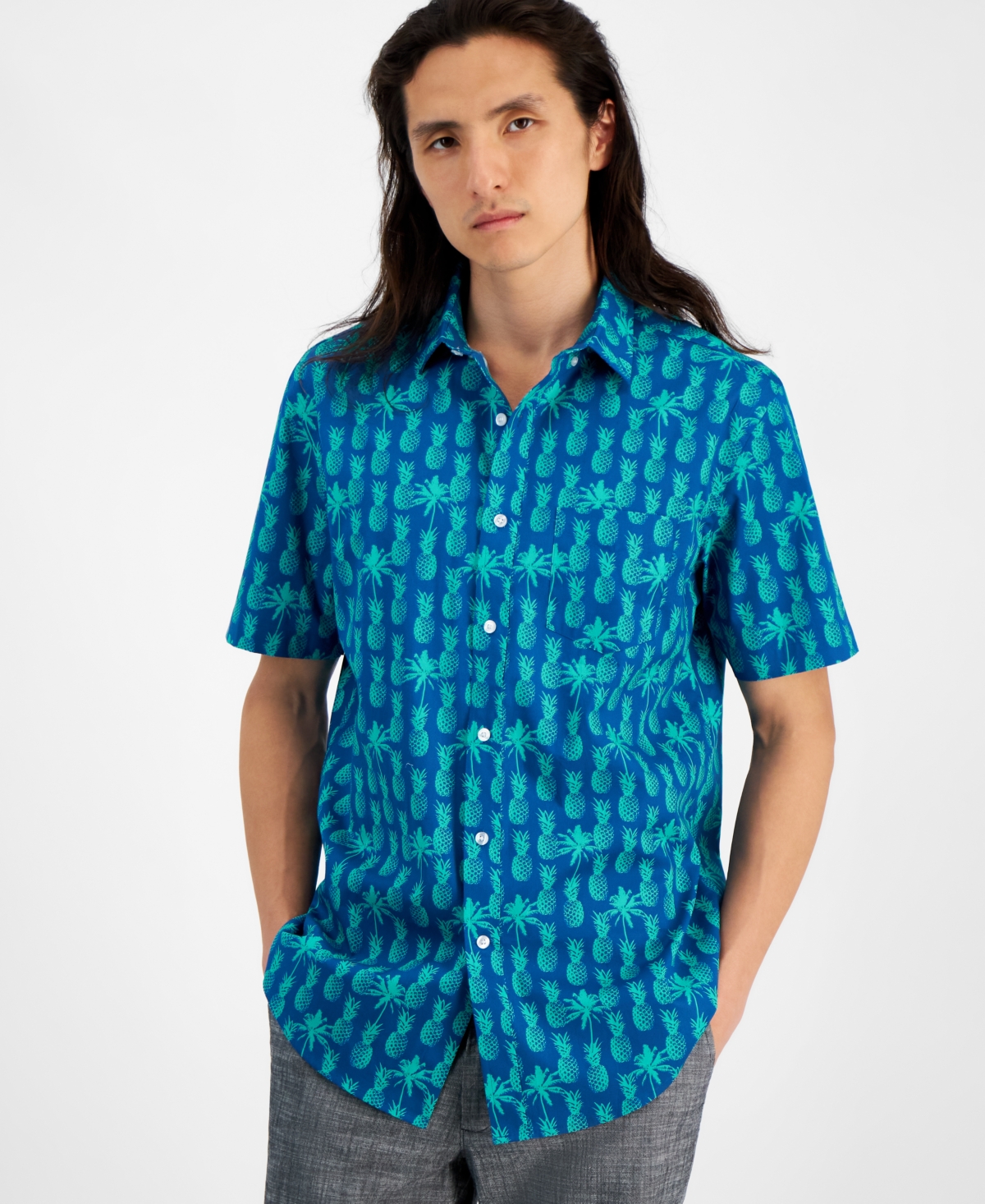 Men's Pineapple Shade Regular-Fit Stretch Tropical-Print Button-Down Poplin Shirt, Created for Macy's - Pineapple Shade