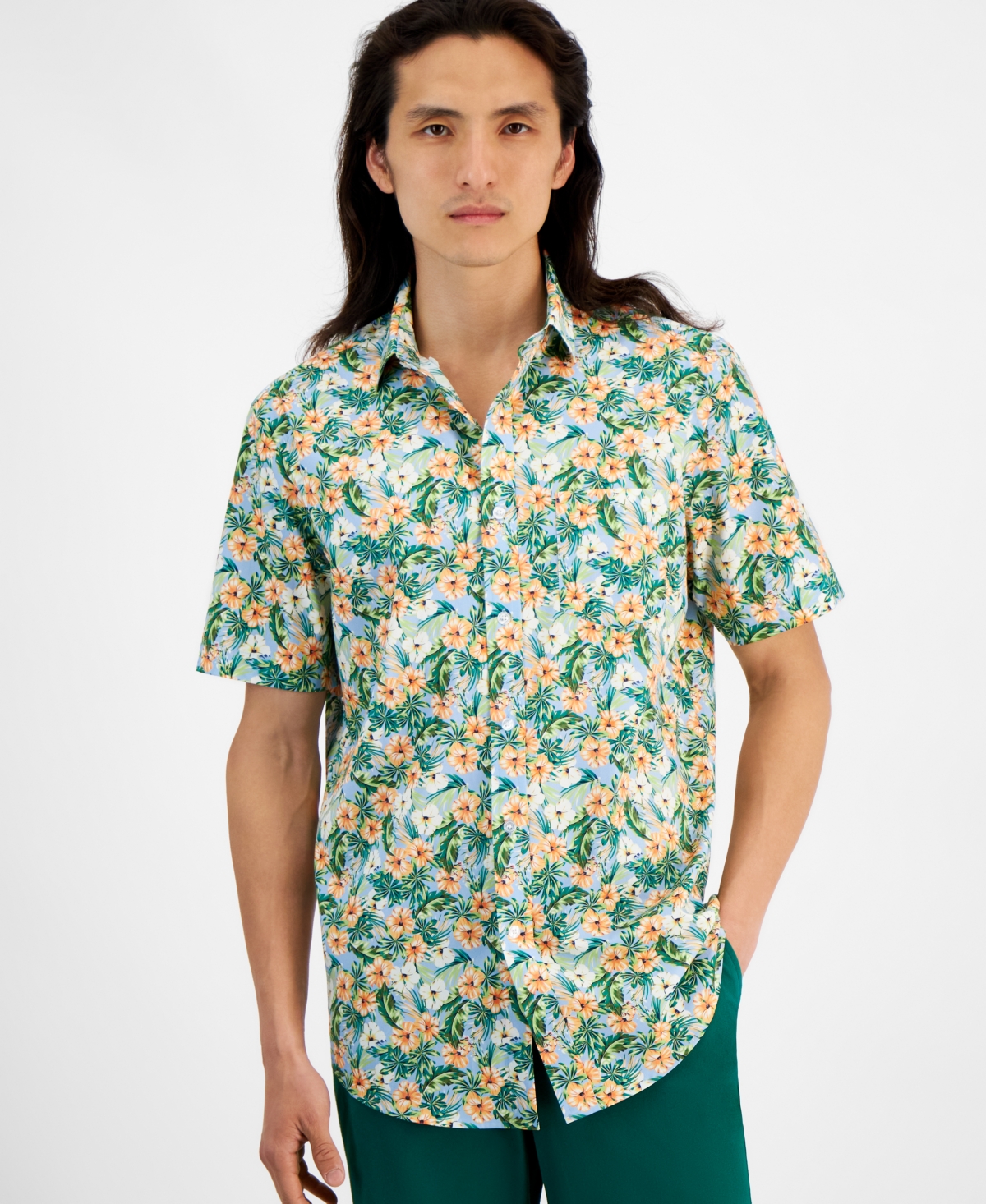 Men's Libra Regular-Fit Stretch Floral Button-Down Poplin Shirt, Created for Macy's - Pale Ink Blue
