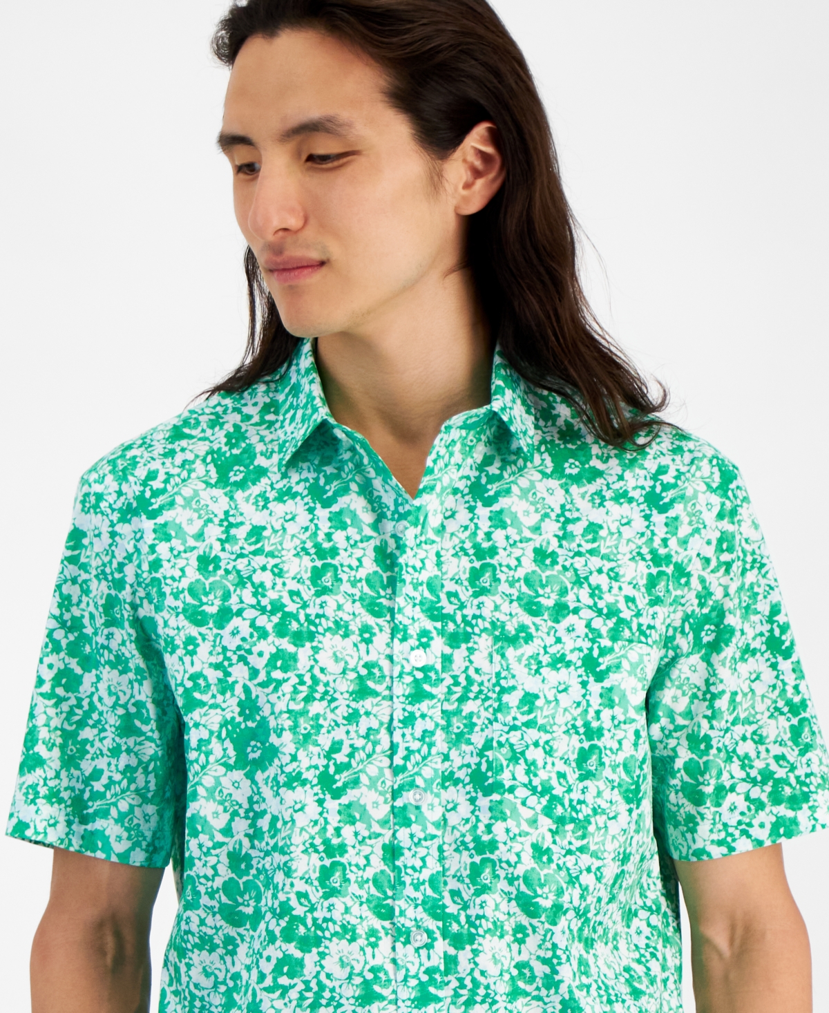Men's Iris Regular-Fit Stretch Floral Button-Down Poplin Shirt, Created for Macy's - Sprint Mint