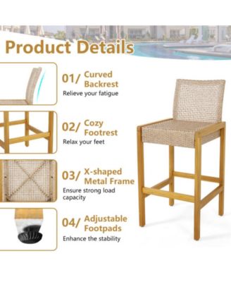Set of 2 Rattan Patio Wood Barstools Dining Chairs with Backrest