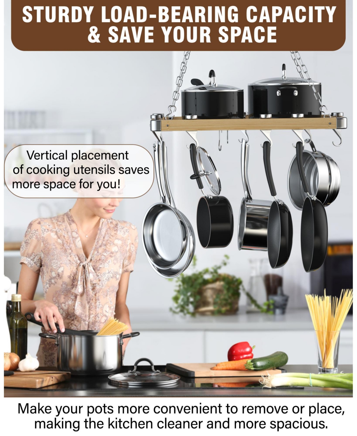 Cooks Standard Ceiling Mounted Wooden Pot Rack with Metal Grate, Movable Tracks Type Hanging Pot Rack with Solid Cast Aluminum Swivel and Fixed Hooks
