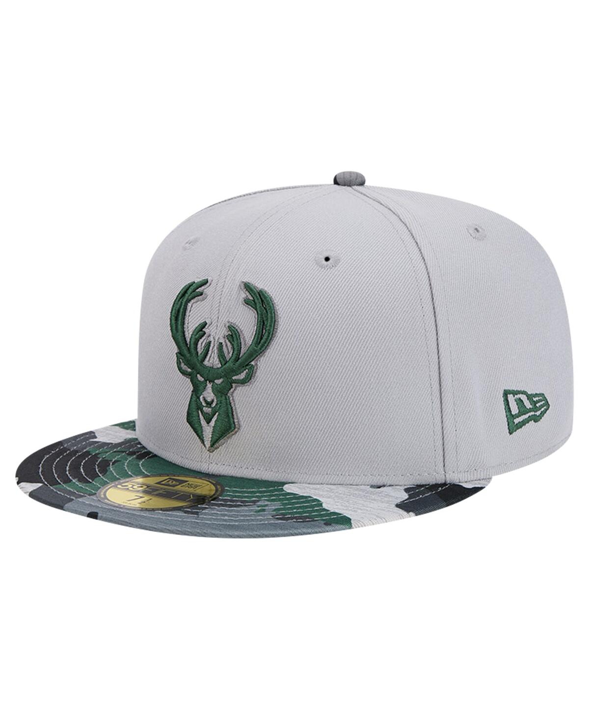 Shop New Era Men's Gray Milwaukee Bucks Active Color Camo Visor 59fifty Fitted Hat In Gray Camo