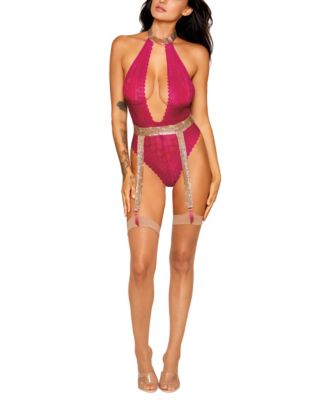 Dreamgirl - Strech Lace Halter Teddy with Separate Chainmail Garter Belt