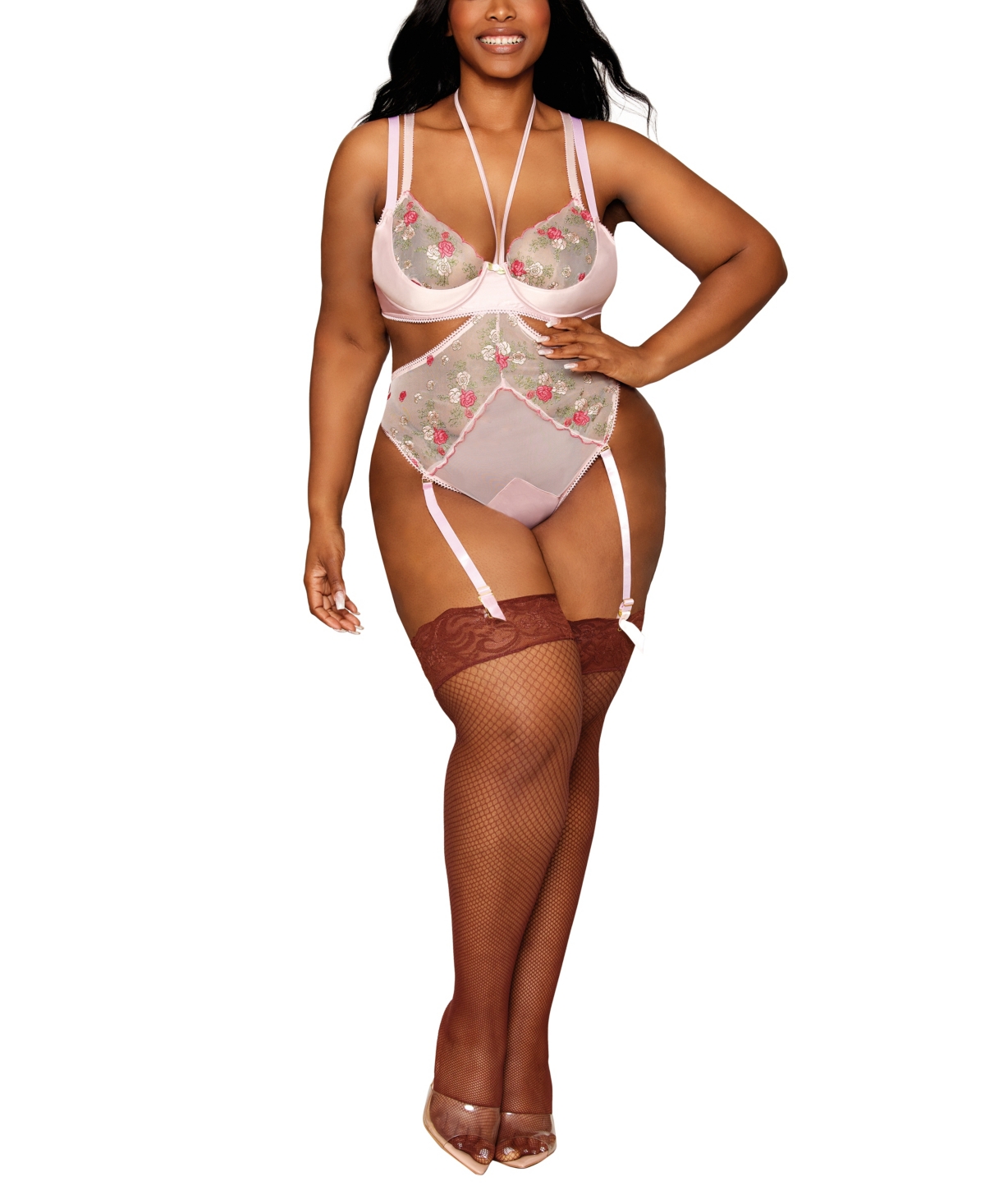 Shop Dreamgirl Plus Vintage Rose Embroidery Bra And Open Cup Teddy Set In Rose Quartz