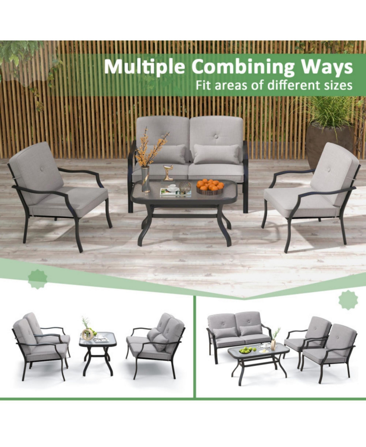 Sugift 4 Pieces Outdoor Conversation Set with Seat Back Cushions and Waist Pillows