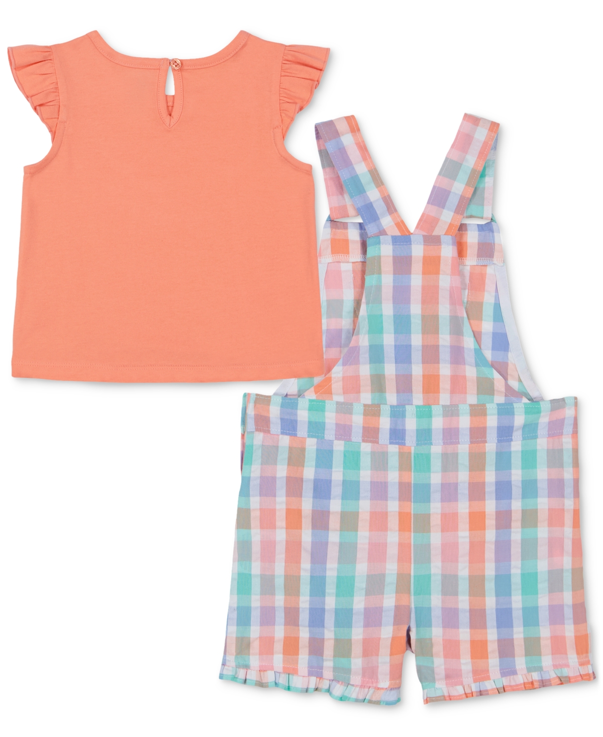Kids Headquarters Baby Girls Flutter-Sleeve T-Shirt & Seersucker Plaid Shortall, 2 Piece Set