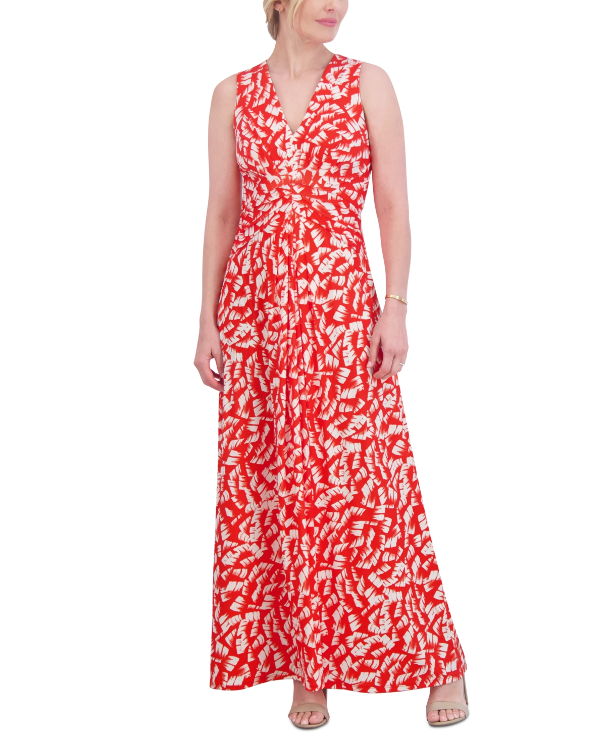 Women's Printed Ruched Maxi Dress - Red Cream