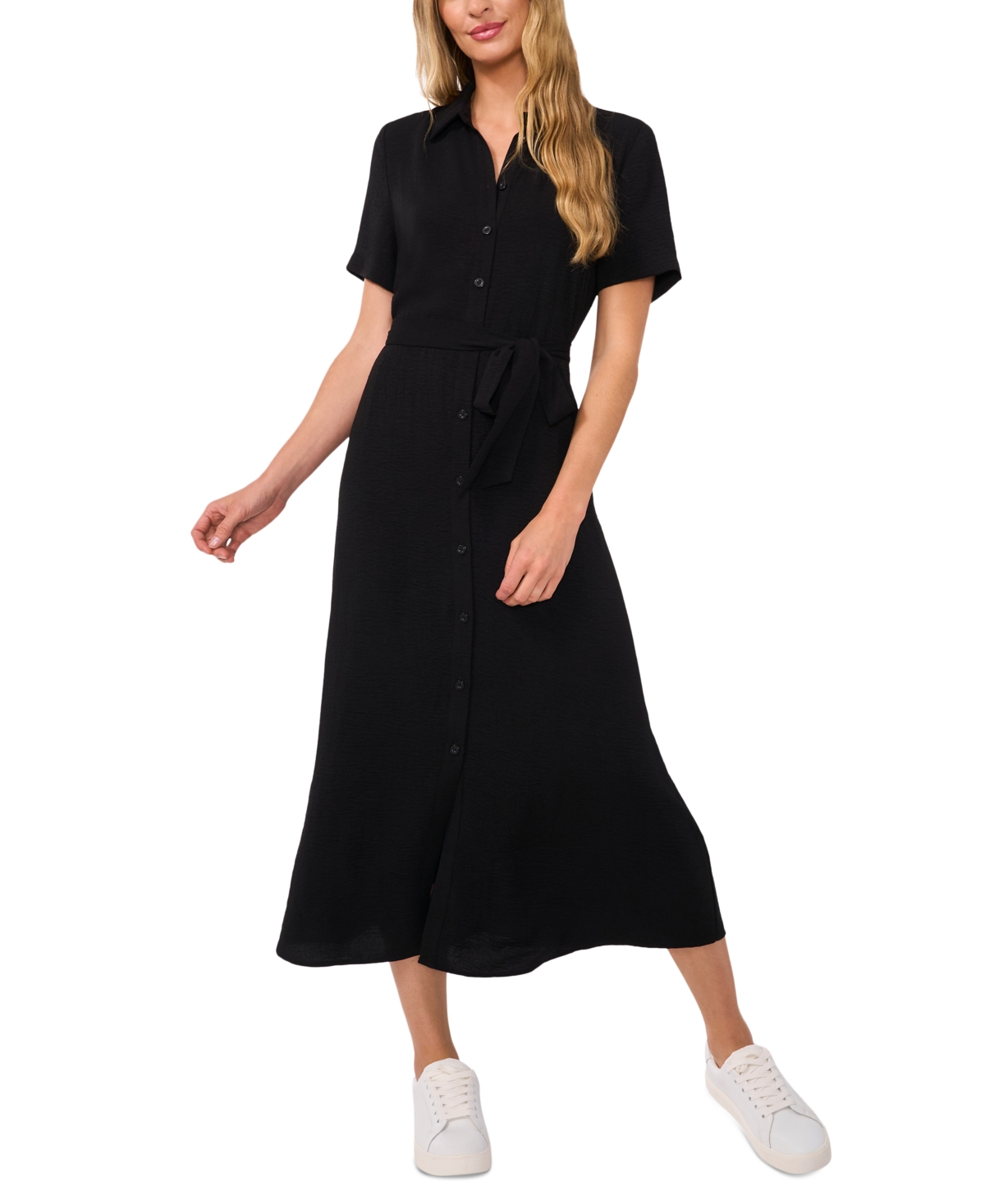 Women's Short-Sleeve Belted Midi Shirtdress - Rich Black