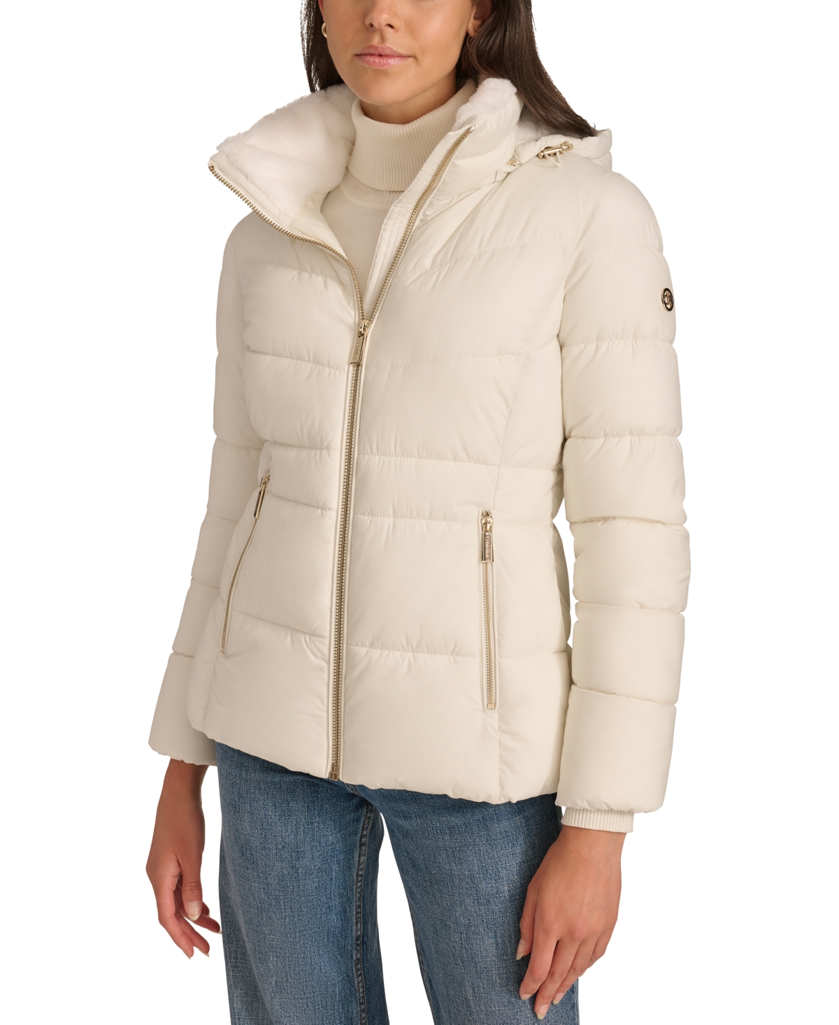 Calvin Klein Petite Faux-fur-lined Hooded Puffer Coat In Eggshell