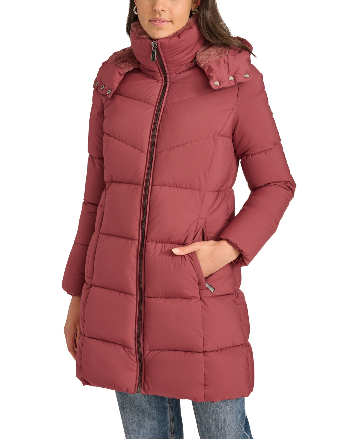 Calvin Klein Women's Hooded Faux-fur-lined Midi Puffer Coat In Sonoma