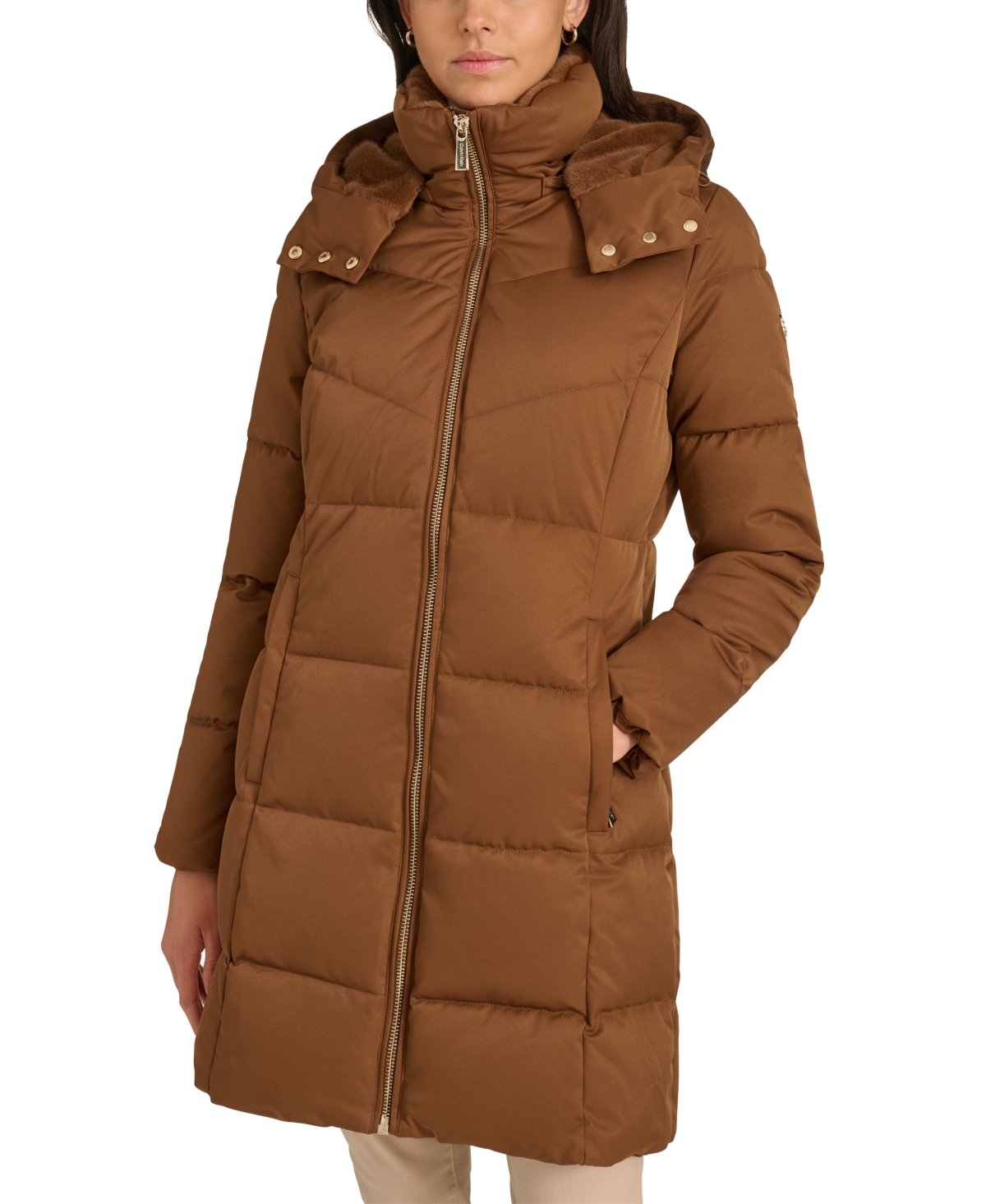 Calvin klein hooded faux fur long down jacket deals