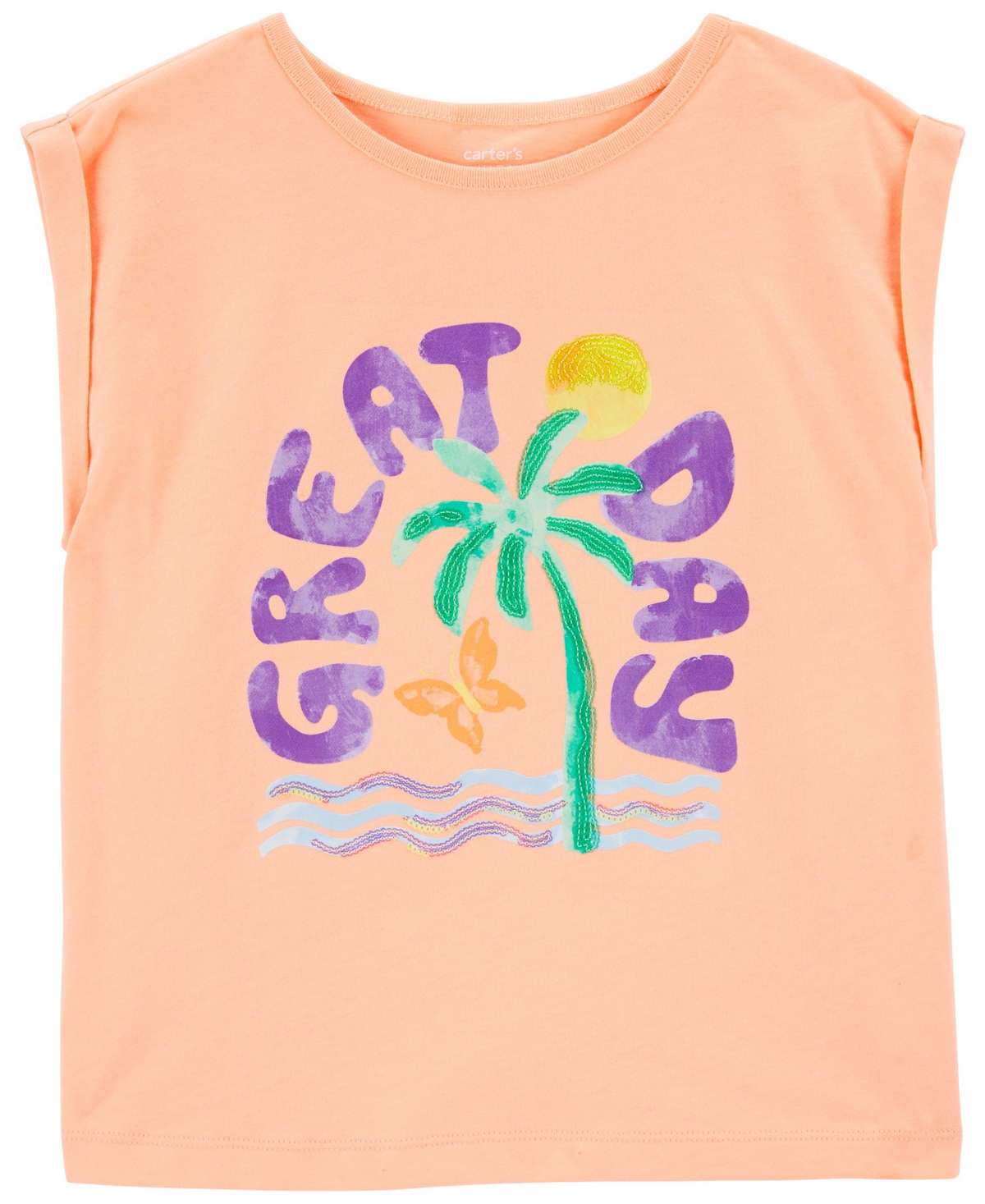 Shop Carter's Big Girls Palm Tree Knit Tee In Coral