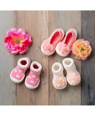 Infant Girl Breathable Washable Non-Slip Sock Shoes Flat - Pompom Flower Pink