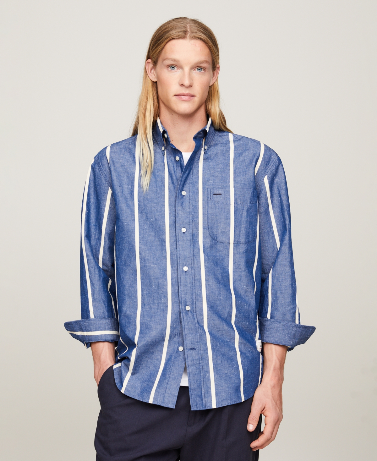 Shop Tommy Hilfiger Men's Regular-fit Space Stripe Shirt In Anchor Blue,calico