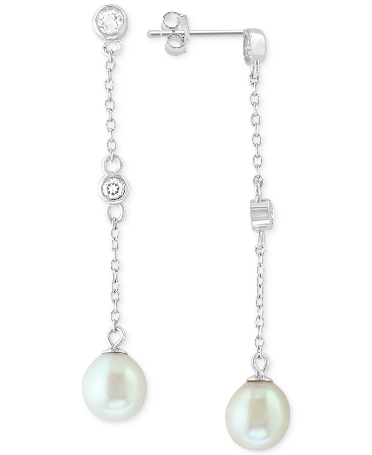 Effy Collection Effy Freshwater Pearl (7mm) & White Topaz (1/5 Ct. T.w.) Linear Drop Earrings In Sterling Silver In Metallic