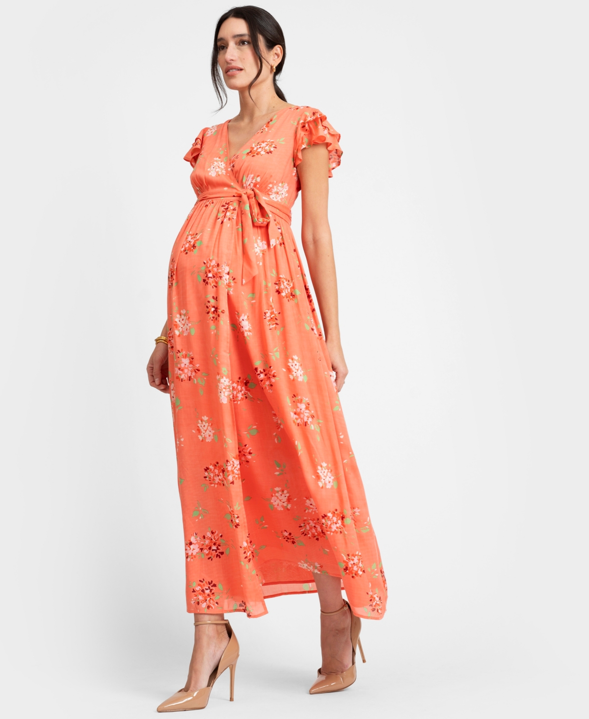 Shop Seraphine Women's Flutter Sleeve Maxi Wrap Dress In Coral Print