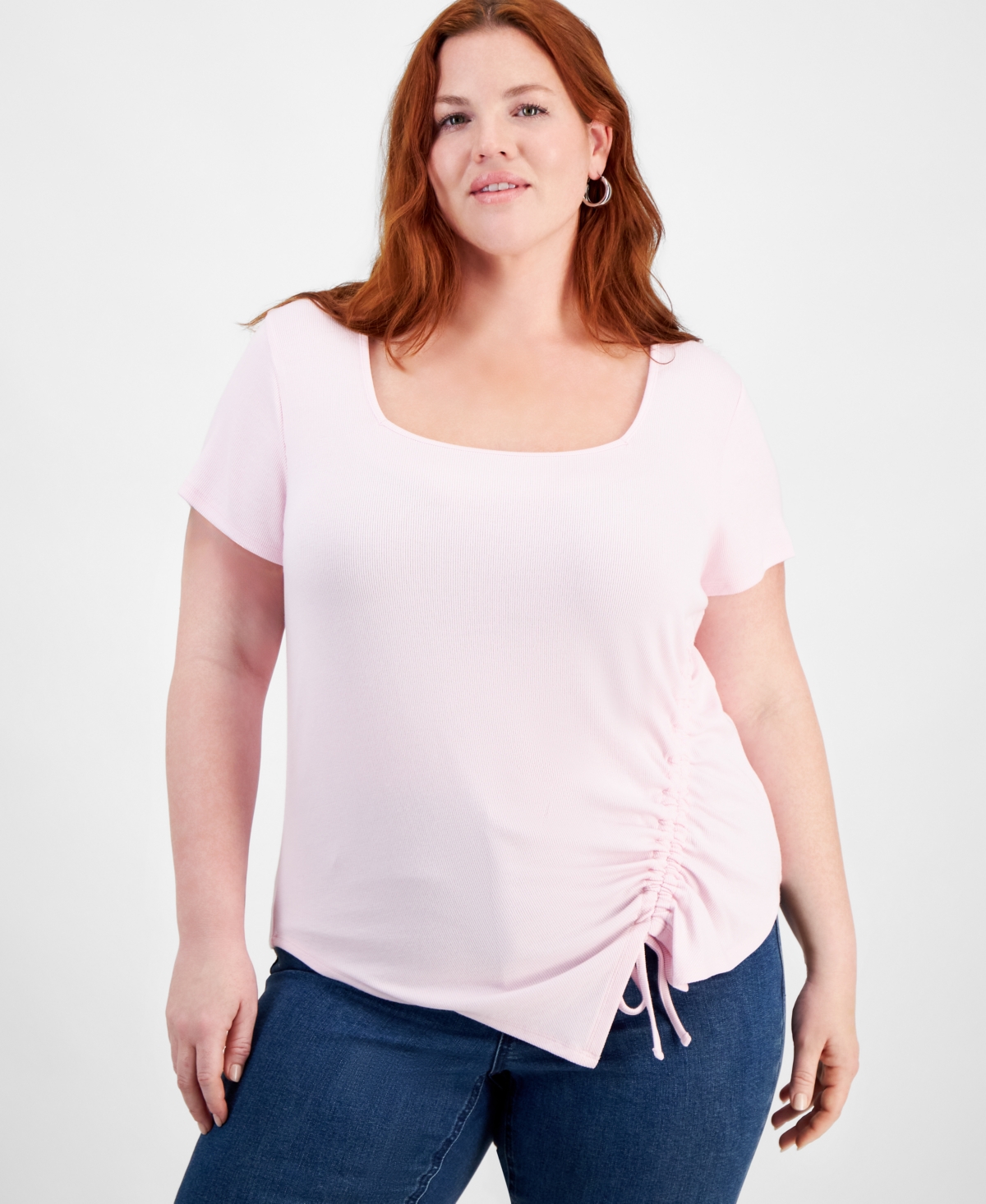 Trendy Plus Size Asymmetric Ruched T-Shirt - Cherry Blossom