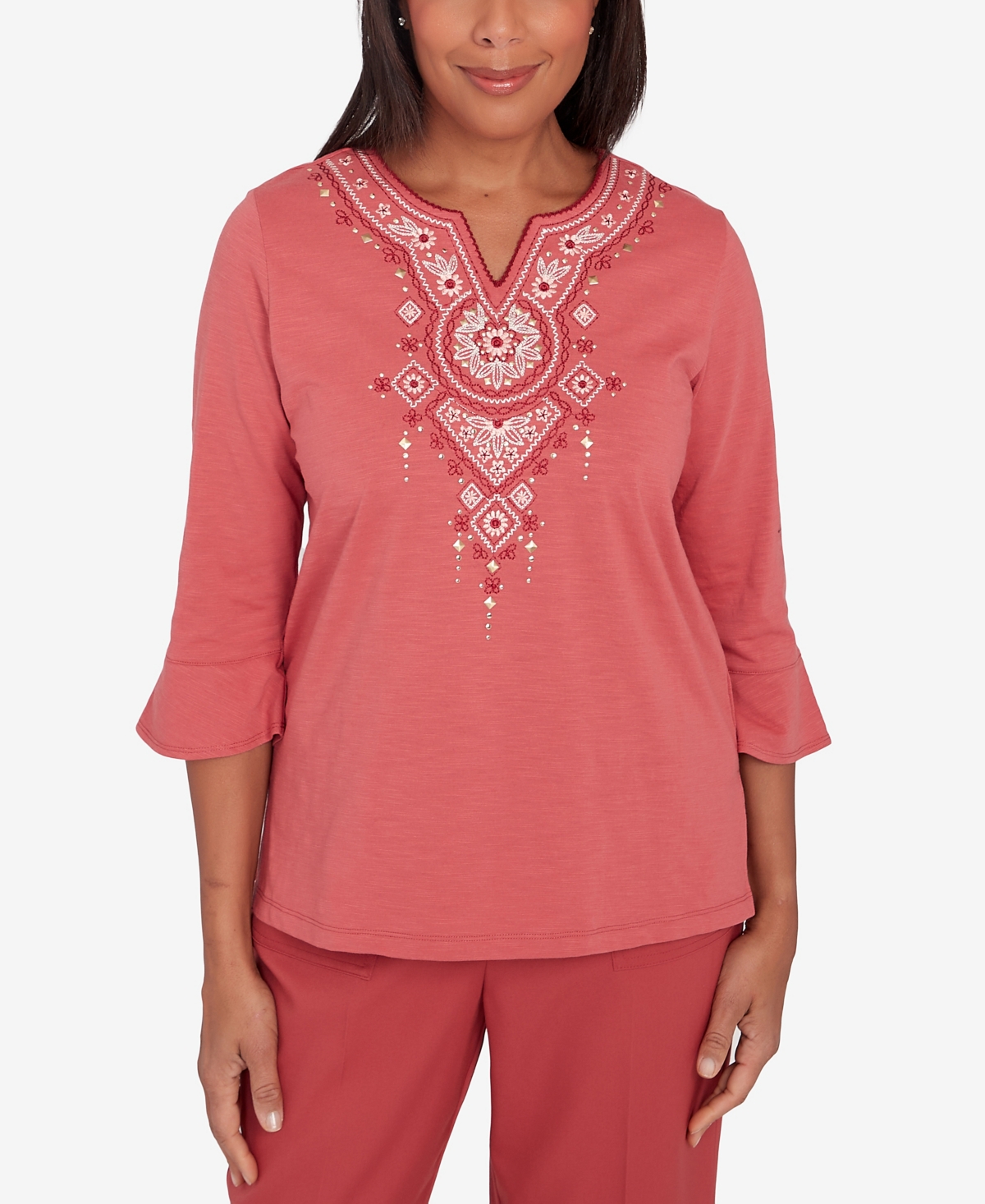 Alfred Dunner Sedona Sky Women's Split Neck Floral Embroidered Top In Red