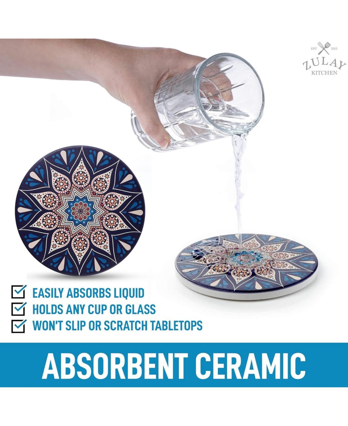 Zulay Kitchen Mandala Coasters with Holder & Cork Base - Pc.