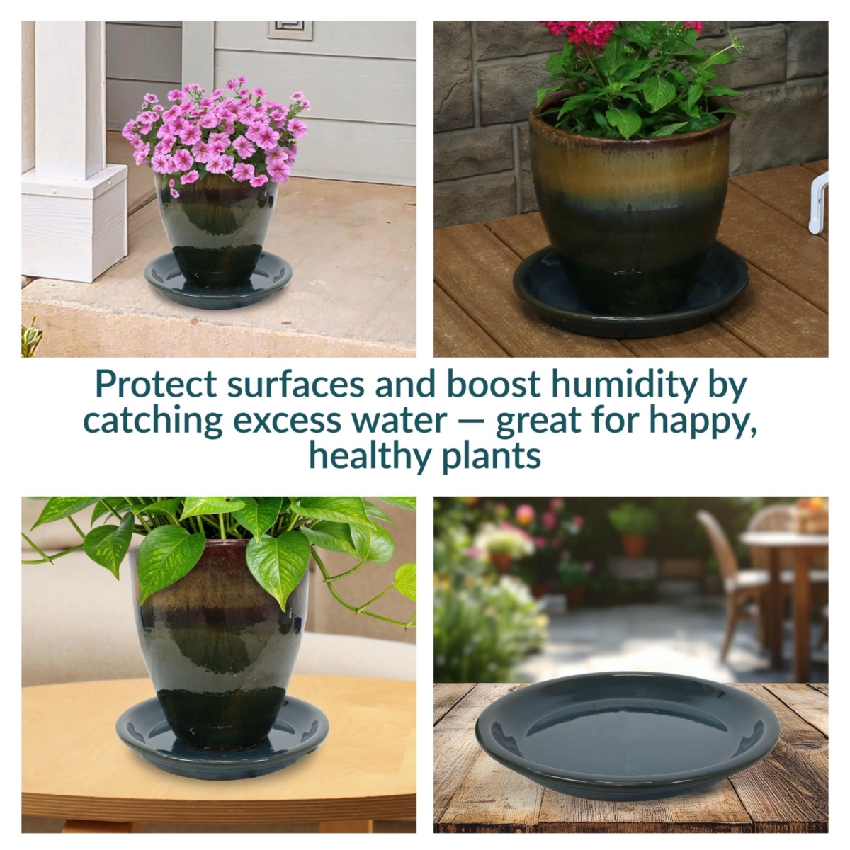 Sunnydaze Decor Ceramic Flower Pot/Plant Saucer -- Set of 2 - Dark green