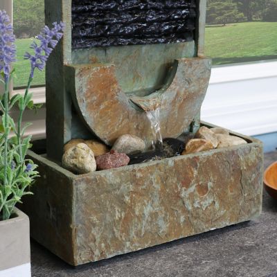 Indoor Home Office Contemporary Soothing Half Moon Stone Slate Cascading Tabletop Water Fountain - 16"