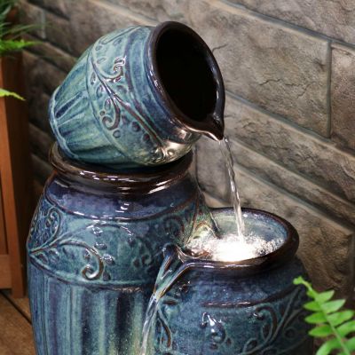 Tour de Vase Ceramic 27-Inch Outdoor Water Fountain - LED Lights - Electric Submersible Pump with Adjustable Flow