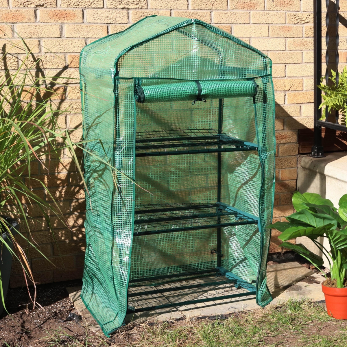Sunnydaze Decor Iron Pvc Cover Mini Greenhouse with 3 Shelves/Zipper -- Green