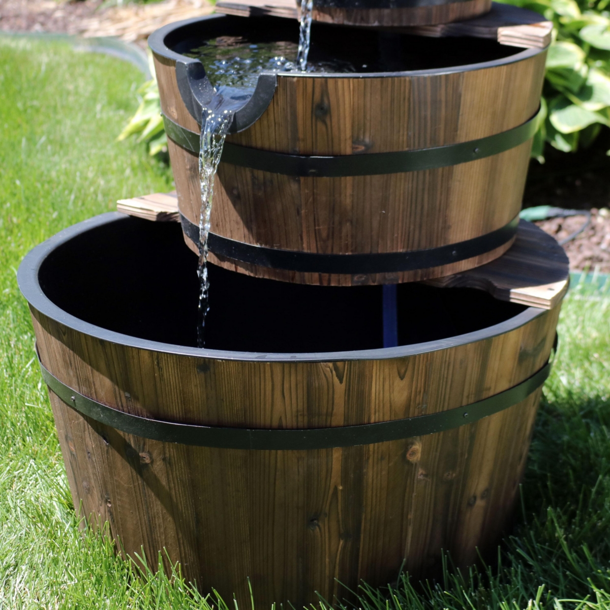 Sunnydaze Decor Rustic 3-Tier Wooden Fir Barrel-Style Water Fountain -