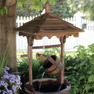 Old-Fashioned Wooden Wishing Well Water Fountain - Outdoor Garden Fountain Waterfall Feature - 48 Inch Tall