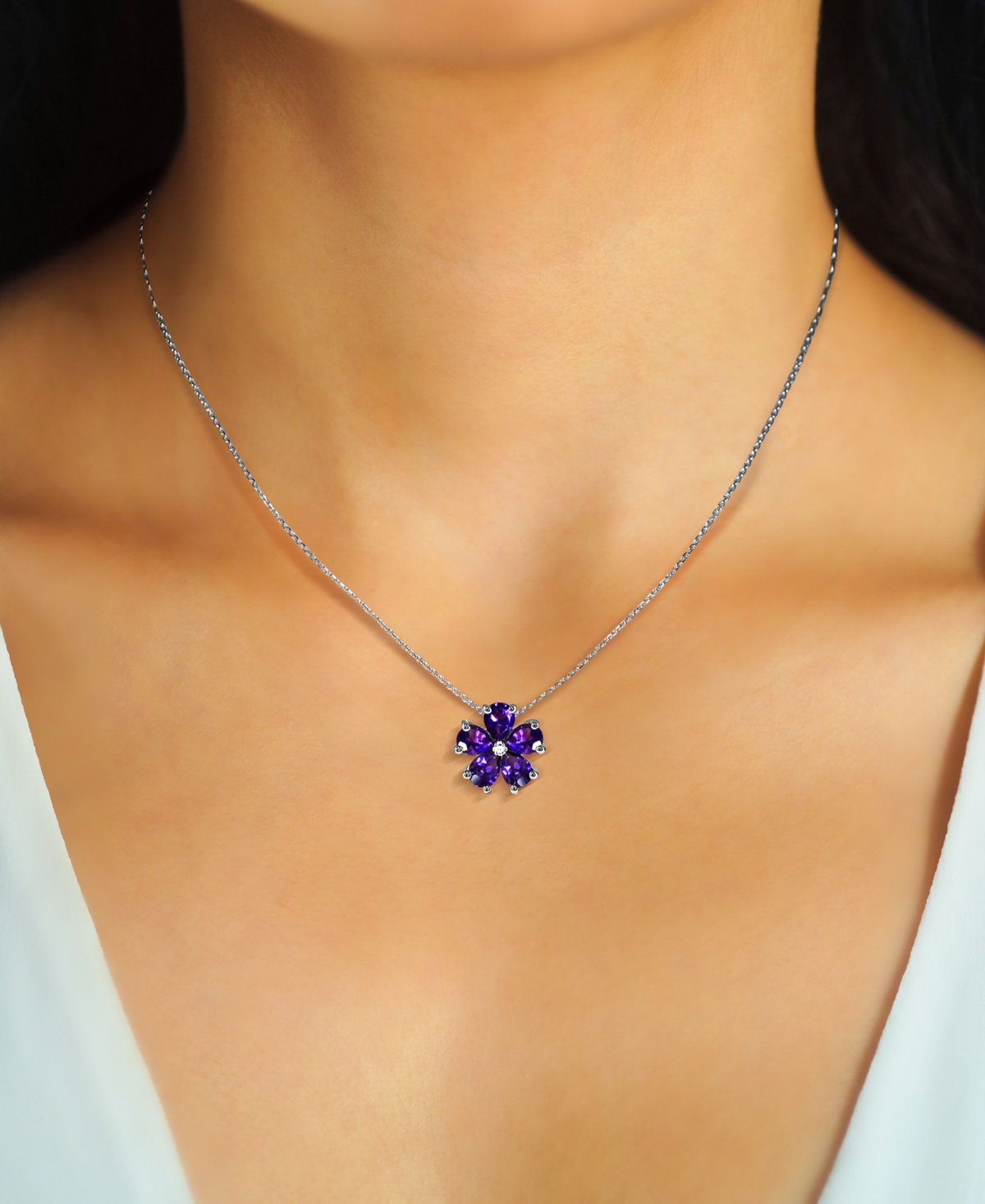 Shop Macy's Amethyst (3-1/4 Ct. T.w.) & Diamond Accent Flower 18" Pendant Necklace In Sterling Silver