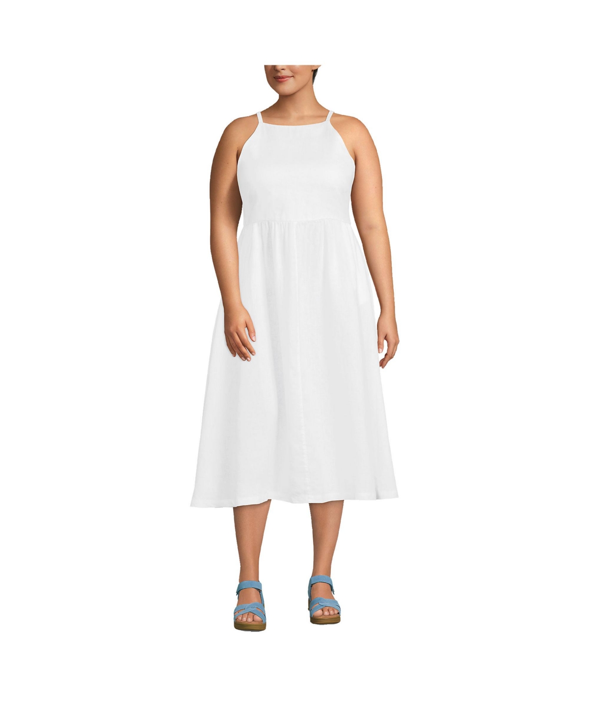 Plus Size Linen Sleeveless Square High Neck Midi Dress - White