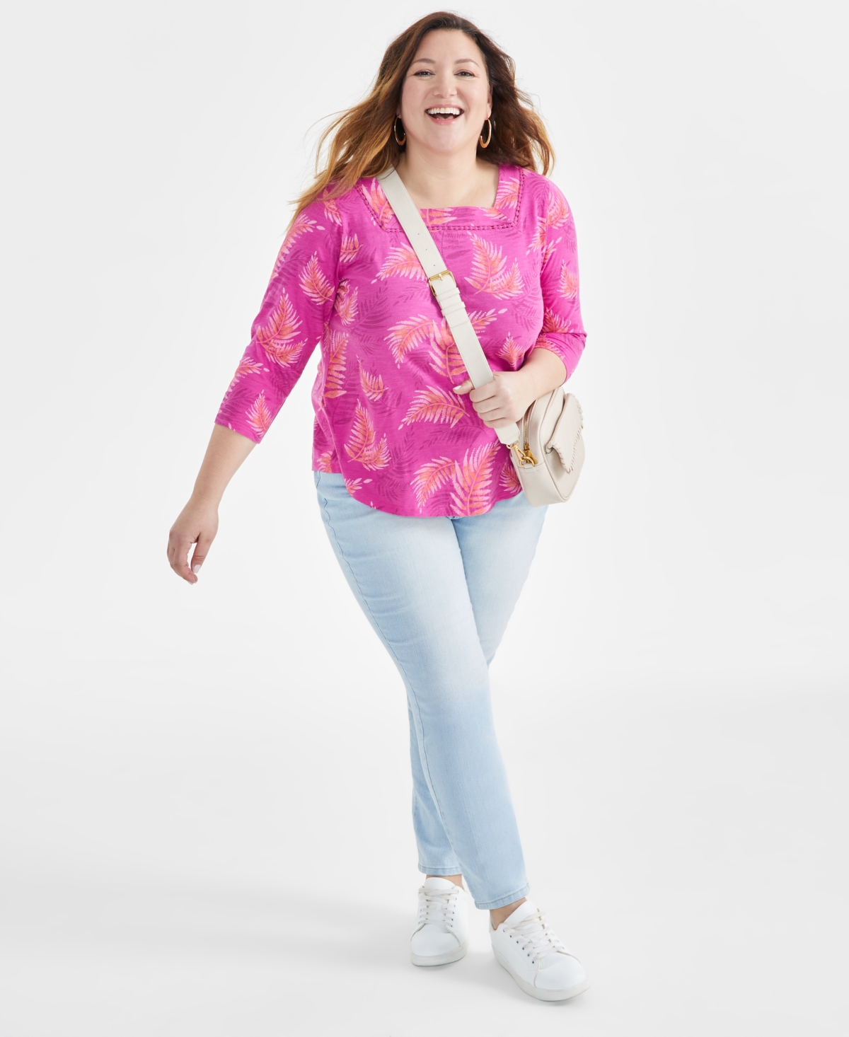 Style & Co Plus Size Printed Cotton Square-Neck Top, Created for Macy's