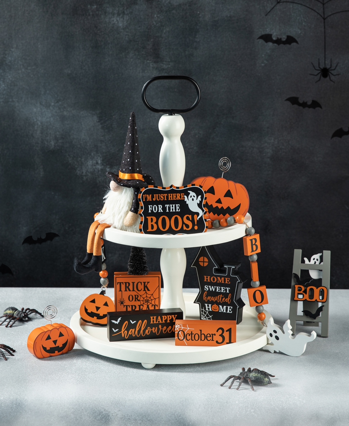 Glitzhome Halloween Wooden Word Signs And Fabric Gnome Tiered Tray Set Table Decor, Set Of 11 In Multi